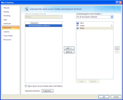 Recod Macros Window - Word Options, Click to expand